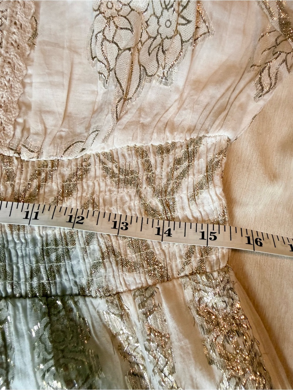 NWT Stunning Shimmery Cream and Gold Lace Metallic Embroidered Boho Midi Dress - Picture 13 of 15